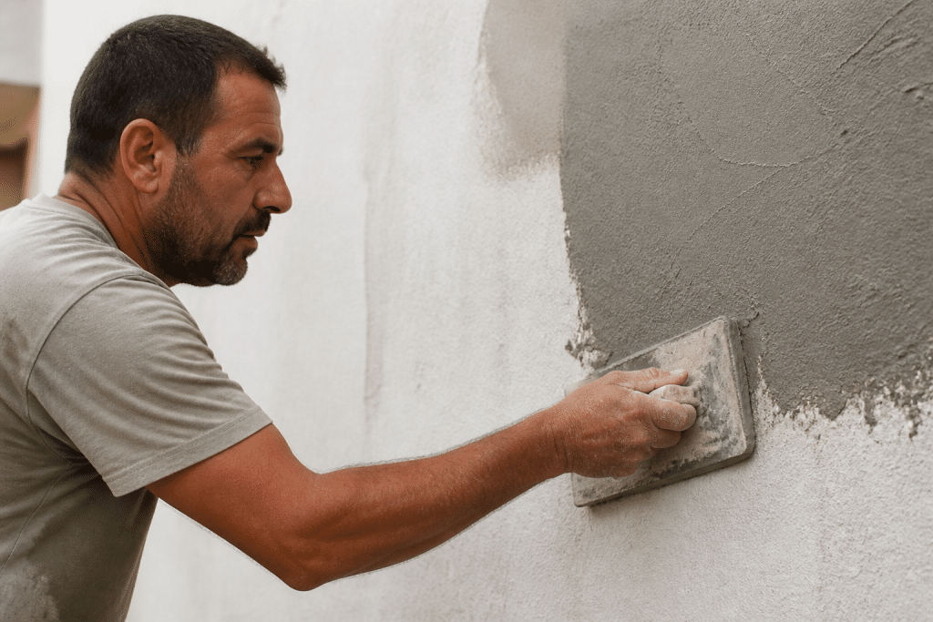 Ouvrier appliquant mortier gris avec taloche sur surface blanche