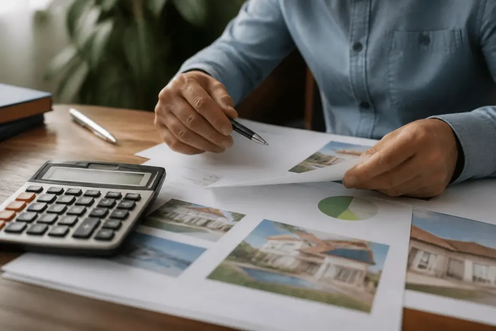 Calculatrice et documents immobiliers avec pourcentages affichés