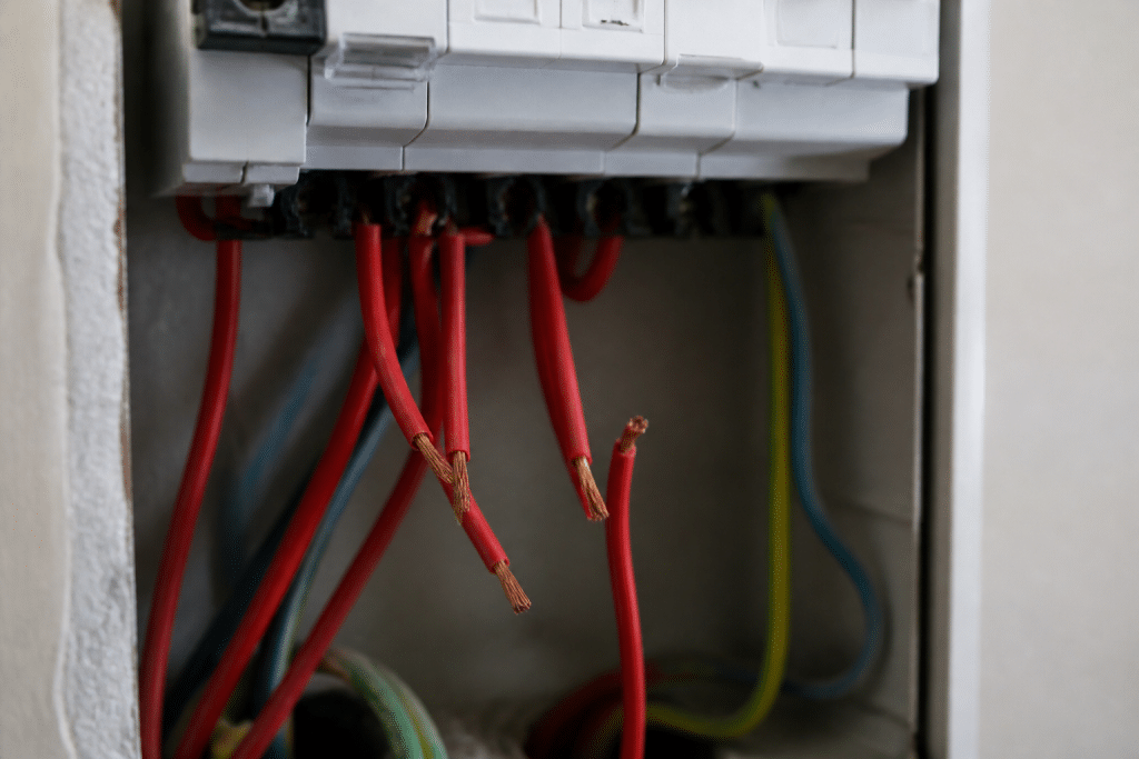 Fils électriques rouges séparés dans panneau disjoncteur