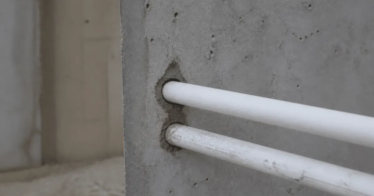 Conduits plastique blancs traversant horizontalement dalle beton grise