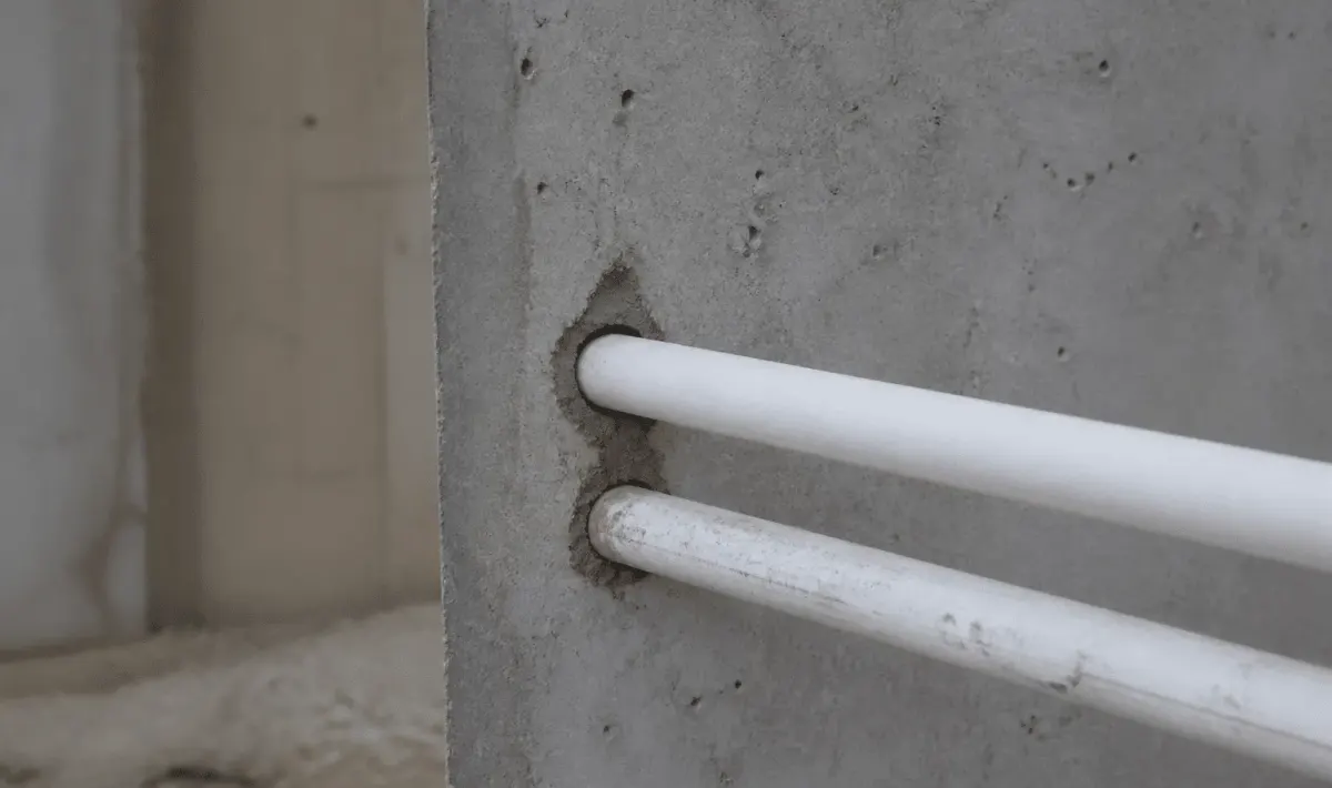 Conduits plastique blancs traversant horizontalement dalle beton grise