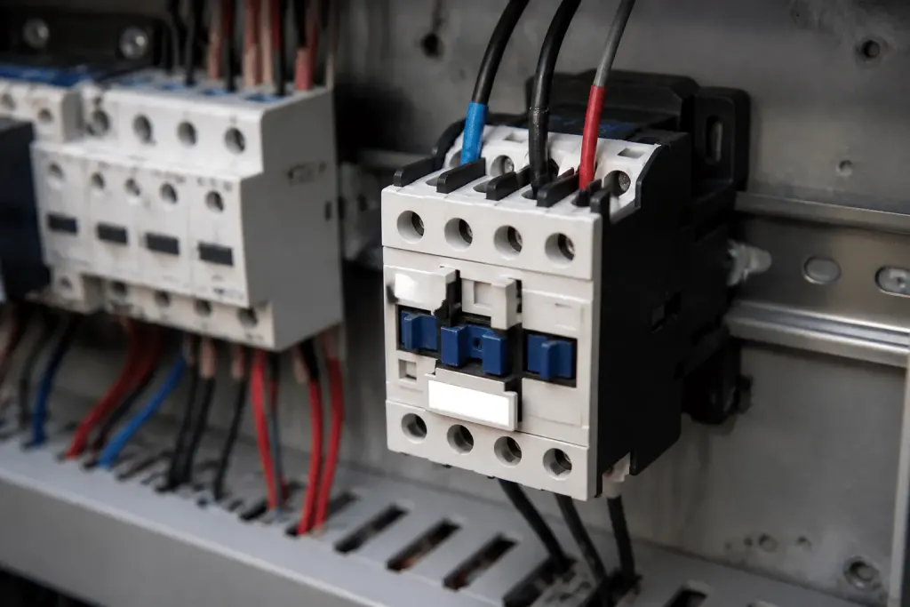 Fils electriques connectes aux bornes A1 A2 du contacteur
