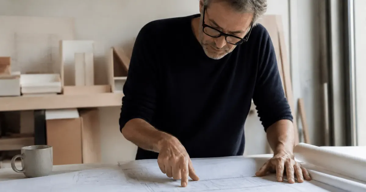 Architecte pointant plans maison sur table de travail