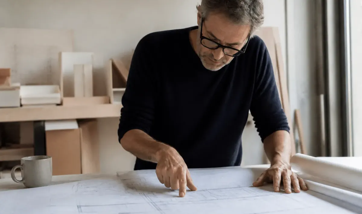 Architecte pointant plans maison sur table de travail