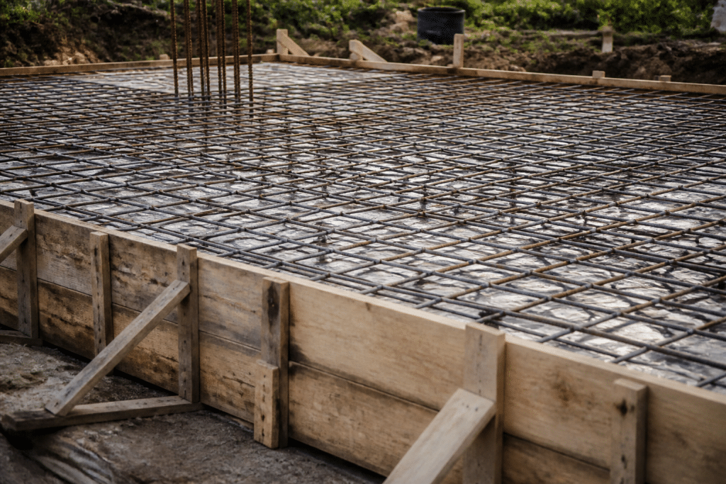 Dalle beton avec armature metallique et coffrages en bois