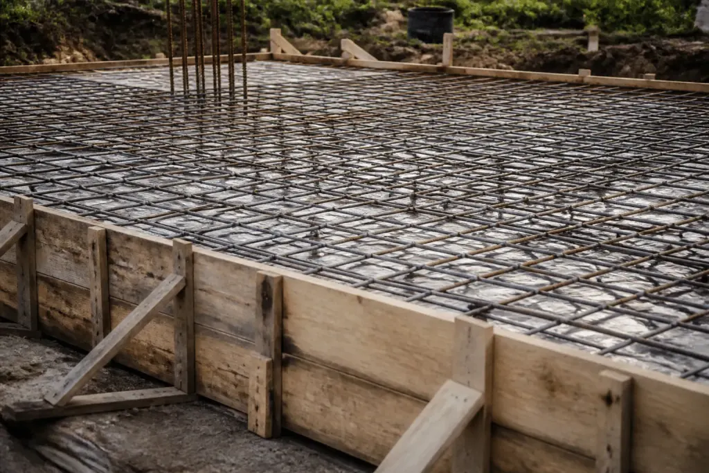 Dalle beton avec armature metallique et coffrages en bois