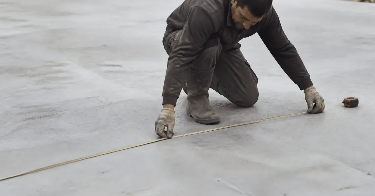 Ouvrier mesure une dalle beton grise horizontale au sol
