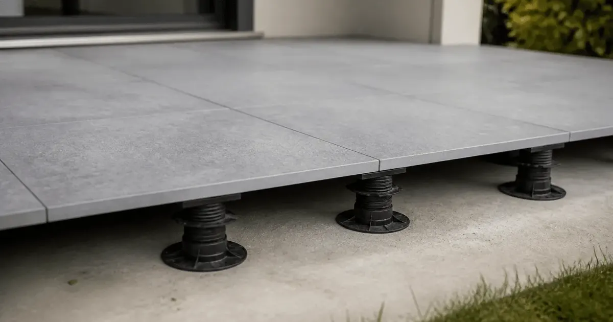 Dalle grise posee sur plots ajustables pour terrasse