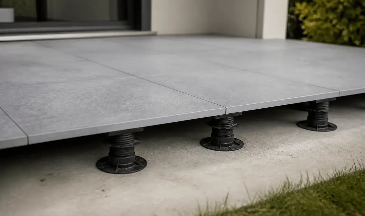 Dalle grise posee sur plots ajustables pour terrasse