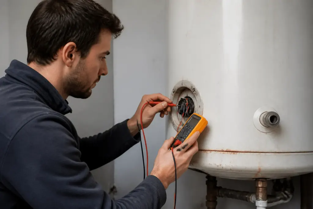 Technicien mesure resistance chauffe-eau avec ohmmetre