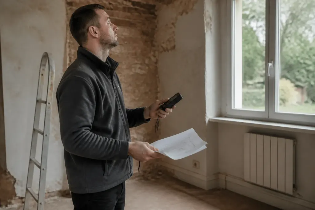 Technicien mesurant maison avec documents calculs thermiques