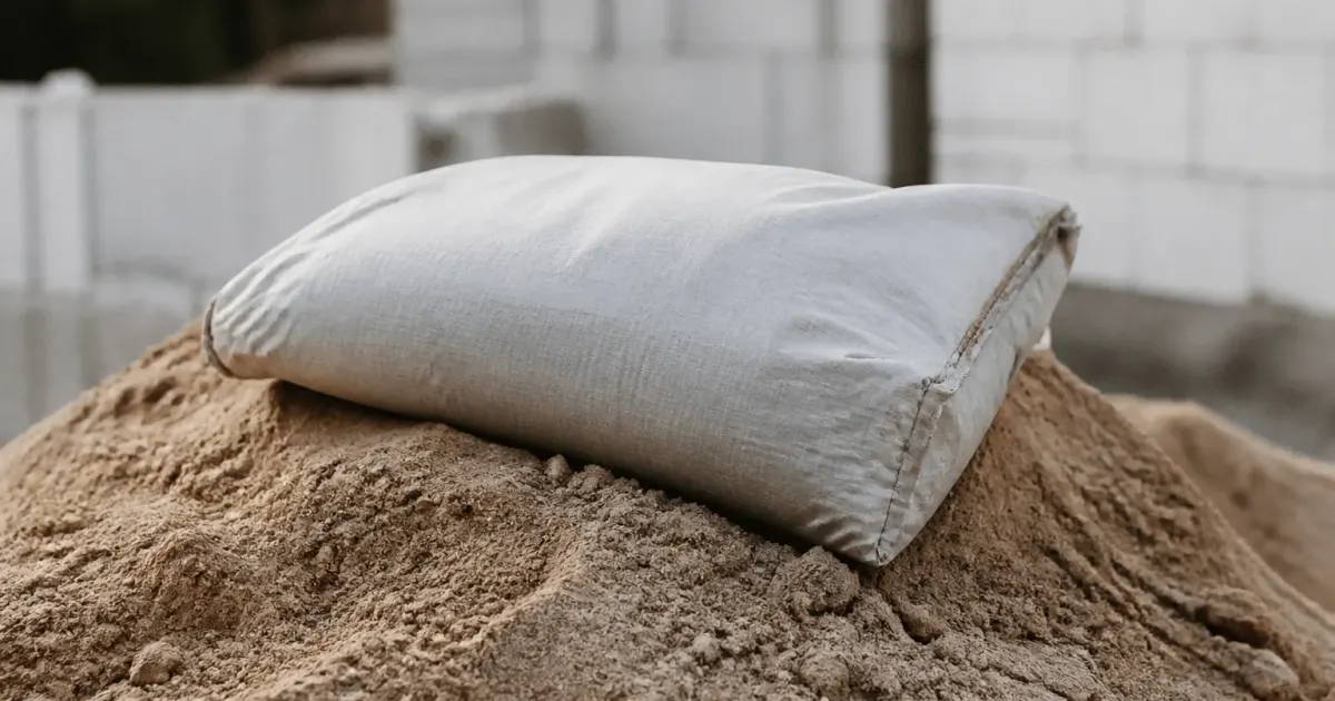 Sac de ciment gris posé sur tas de sable granuleux