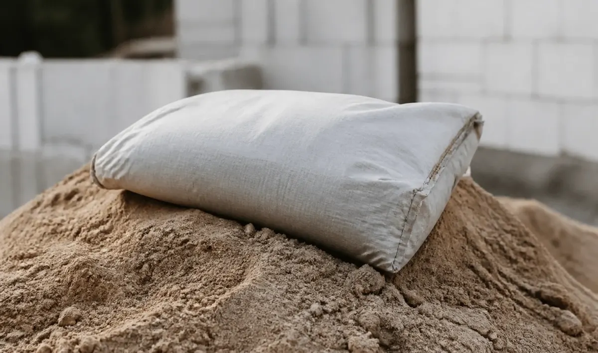 Sac de ciment gris posé sur tas de sable granuleux