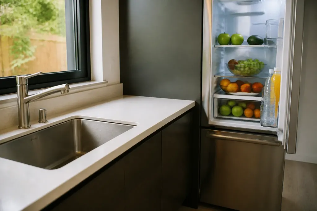 Cuisine propre avec fruits au refrigerateur et evier vide