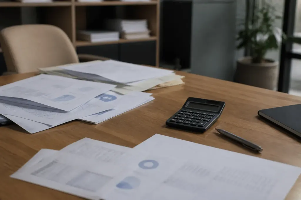 Documents financiers et calculator sur bureau de conseiller