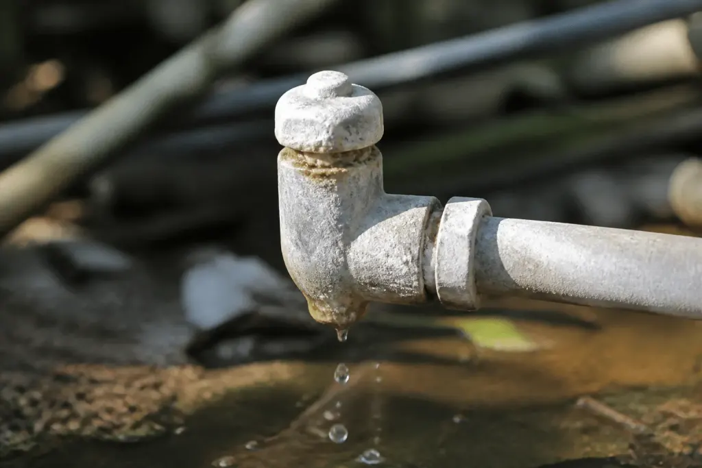 Gouttes d'eau s'echappant d'une soupape calcifiee blanchâtre