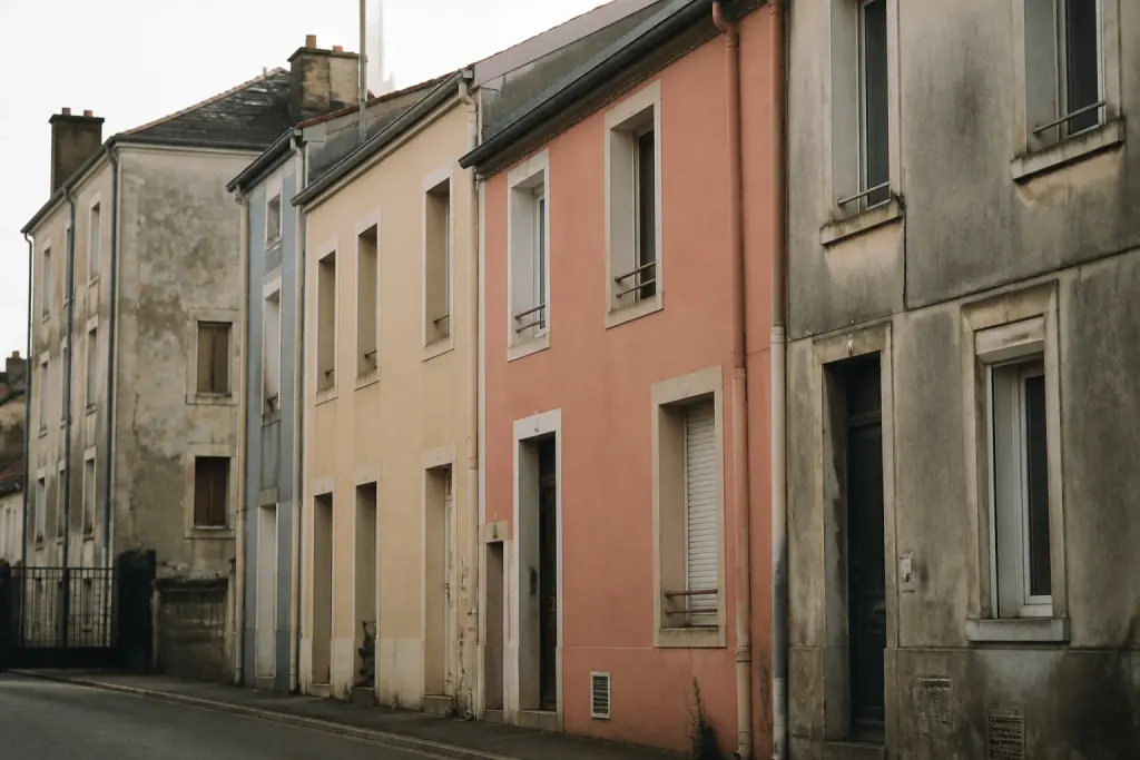 Immeubles residentiels montluconnais avec facades colorees et facades usees.