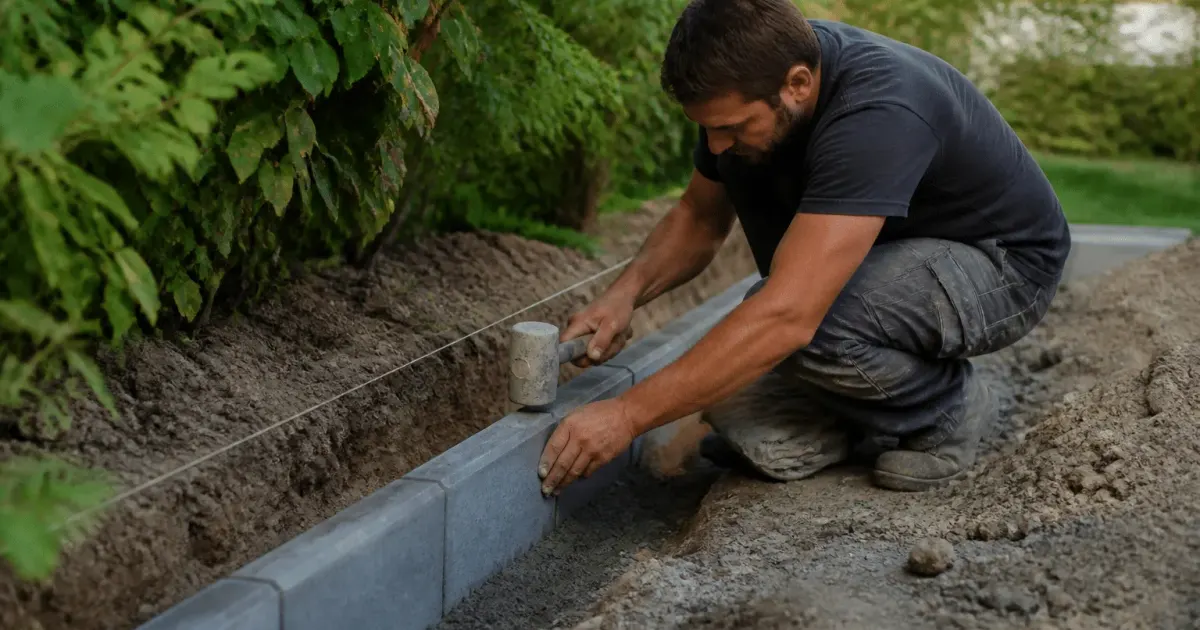 Ouvrier installant bordures beton grises le long terrain jardin