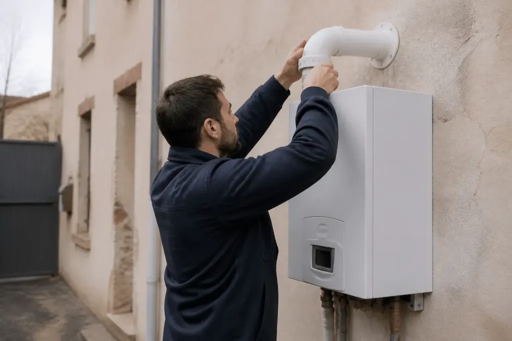 Technicien installant chaudiere murale ventouse sur facade