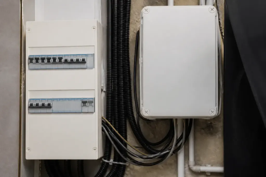 Câbles électriques connectés au tableau avec disjoncteur et coffret PAC