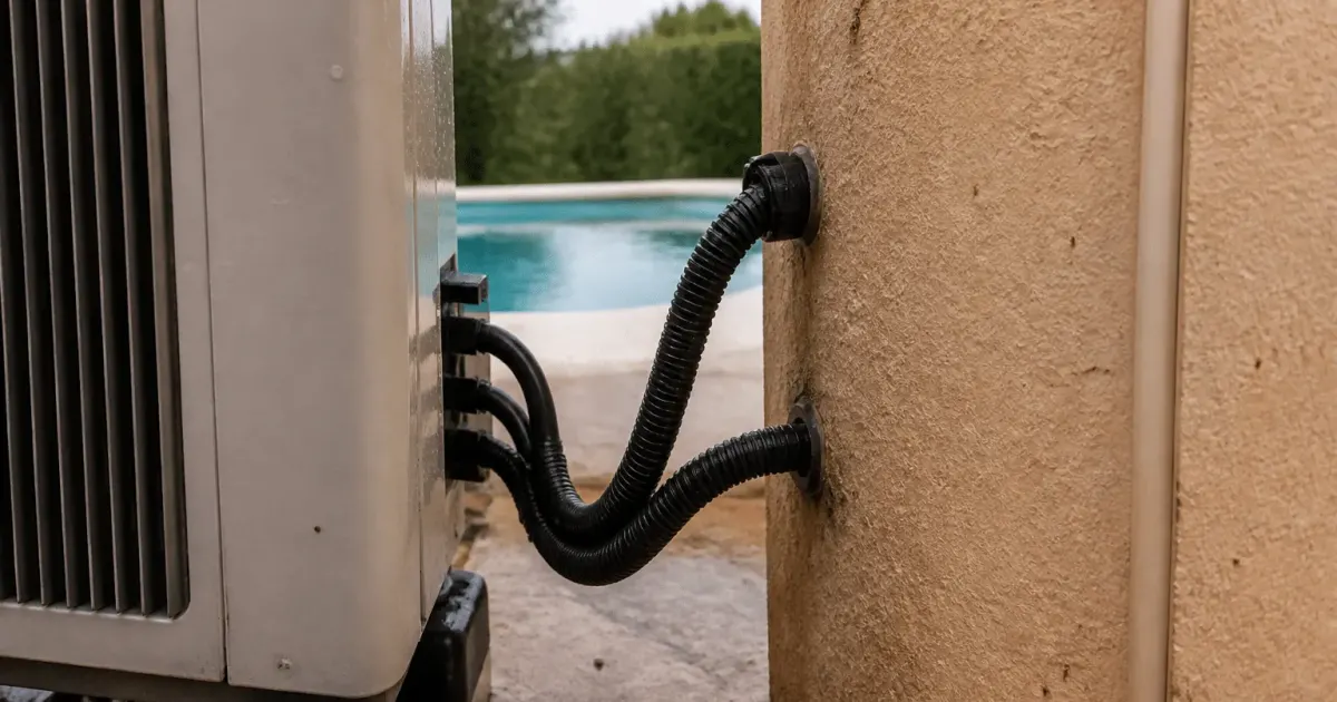 Cables electriques connectes a pompe chaleur piscine installee