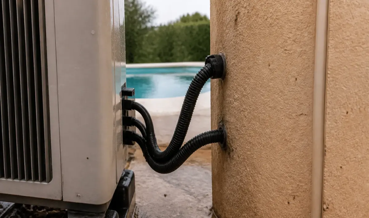 Cables electriques connectes a pompe chaleur piscine installee