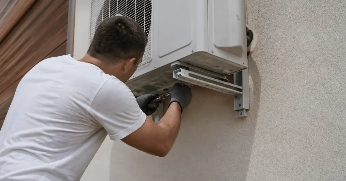 Technicien fixant unite exterieure climatisation sur mur maison