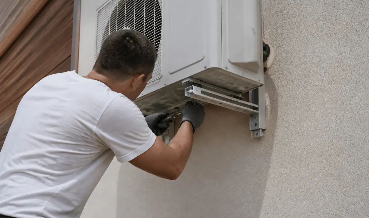 Technicien fixant unite exterieure climatisation sur mur maison