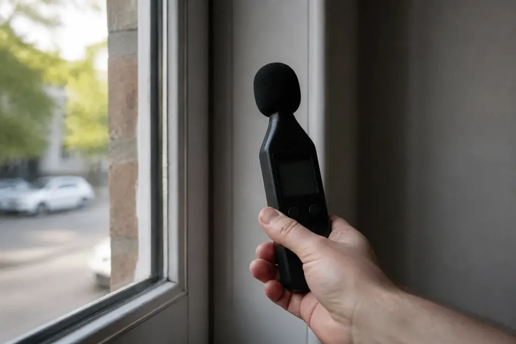 Decibelmetre mesurant bruit ambiant pres fenetre maison