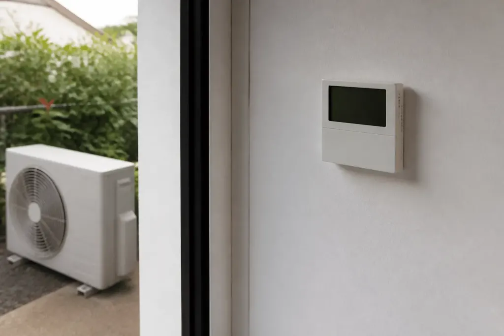 Thermostat mural affichant temperature, unite exterieure climatisation visible