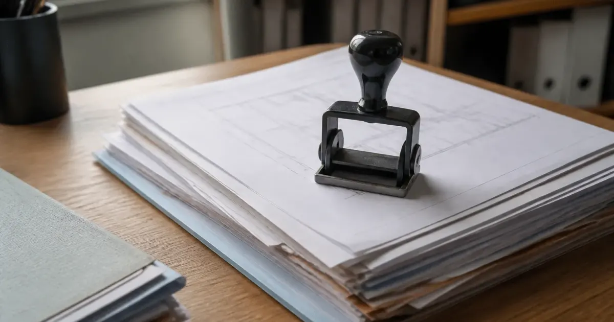 Document officiel de construction posé sur bureau avec tampon dateur