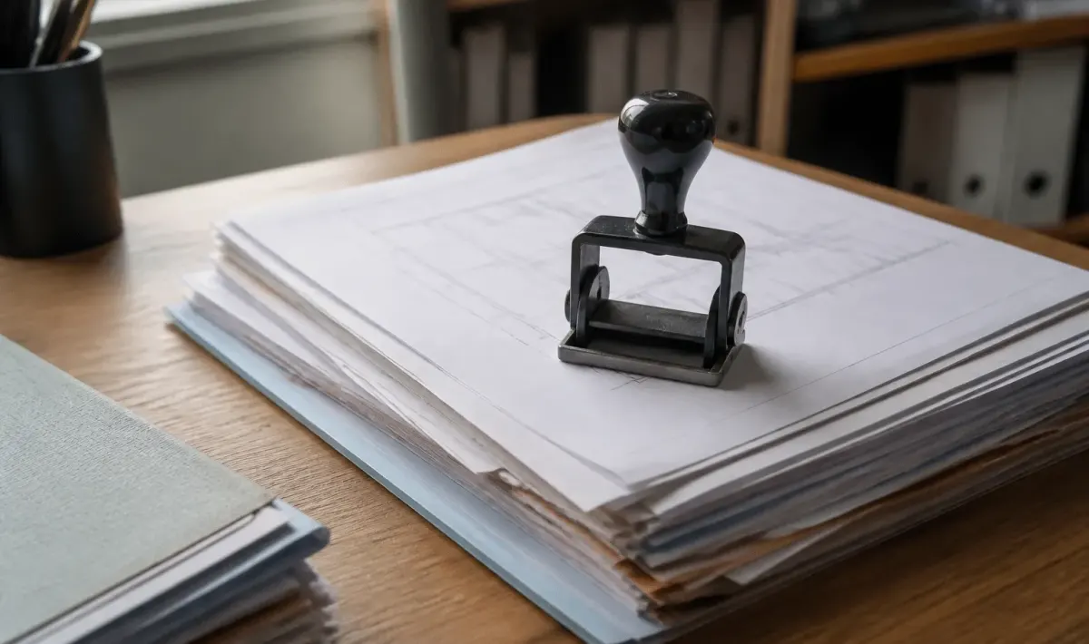 Document officiel de construction posé sur bureau avec tampon dateur