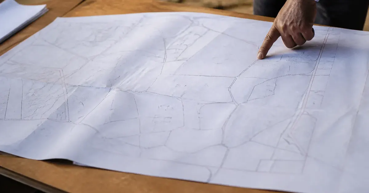 Plan cadastral etalé sur table avec tracés geometriques et annotations