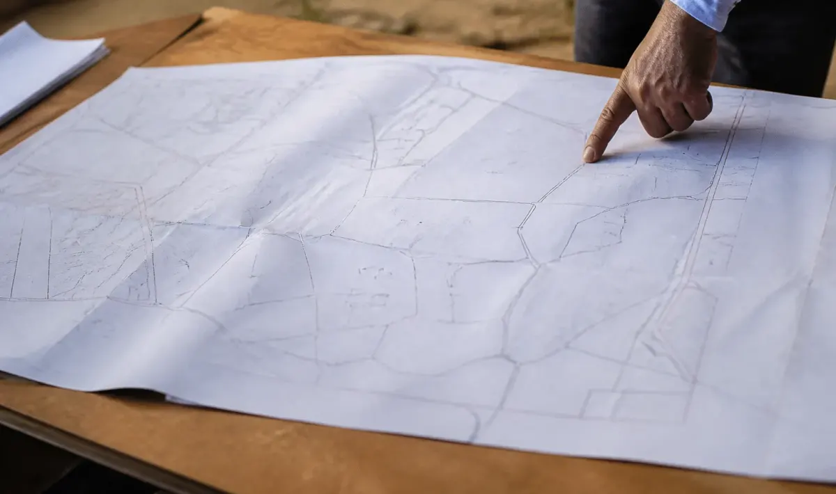 Plan cadastral etalé sur table avec tracés geometriques et annotations