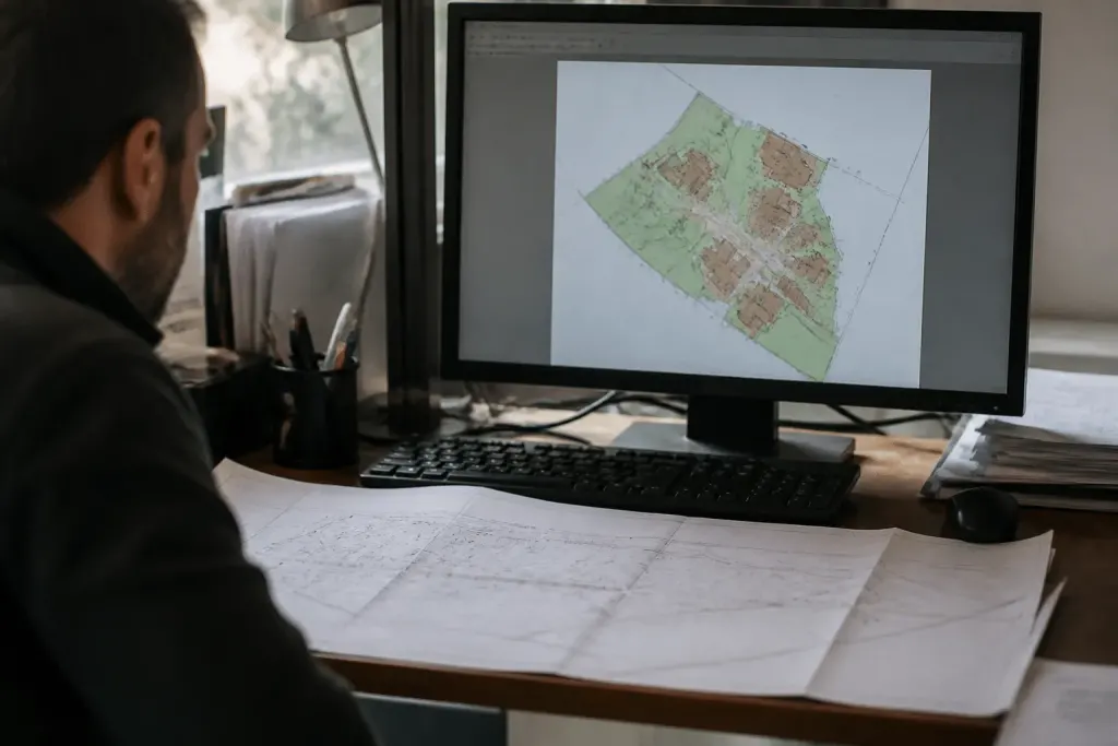 Ordinateur affichant plan masse avec relevé géomètre papier