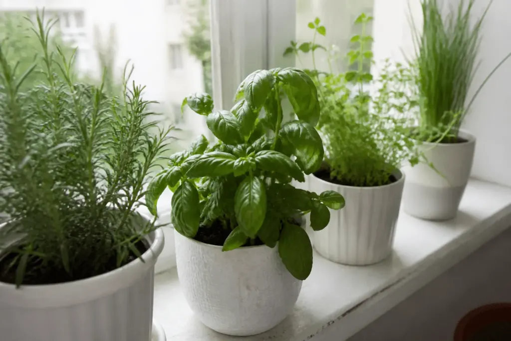 Plantes aromatiques vertes sur rebord fenetre blanc