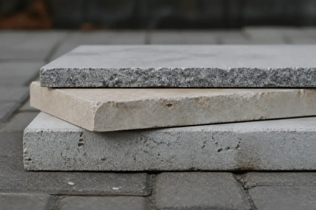 Trois plaques de construction empilees montrant textures differentes