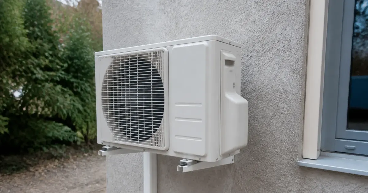 Unite exterieure pompe chaleur fixee au mur fonctionnant