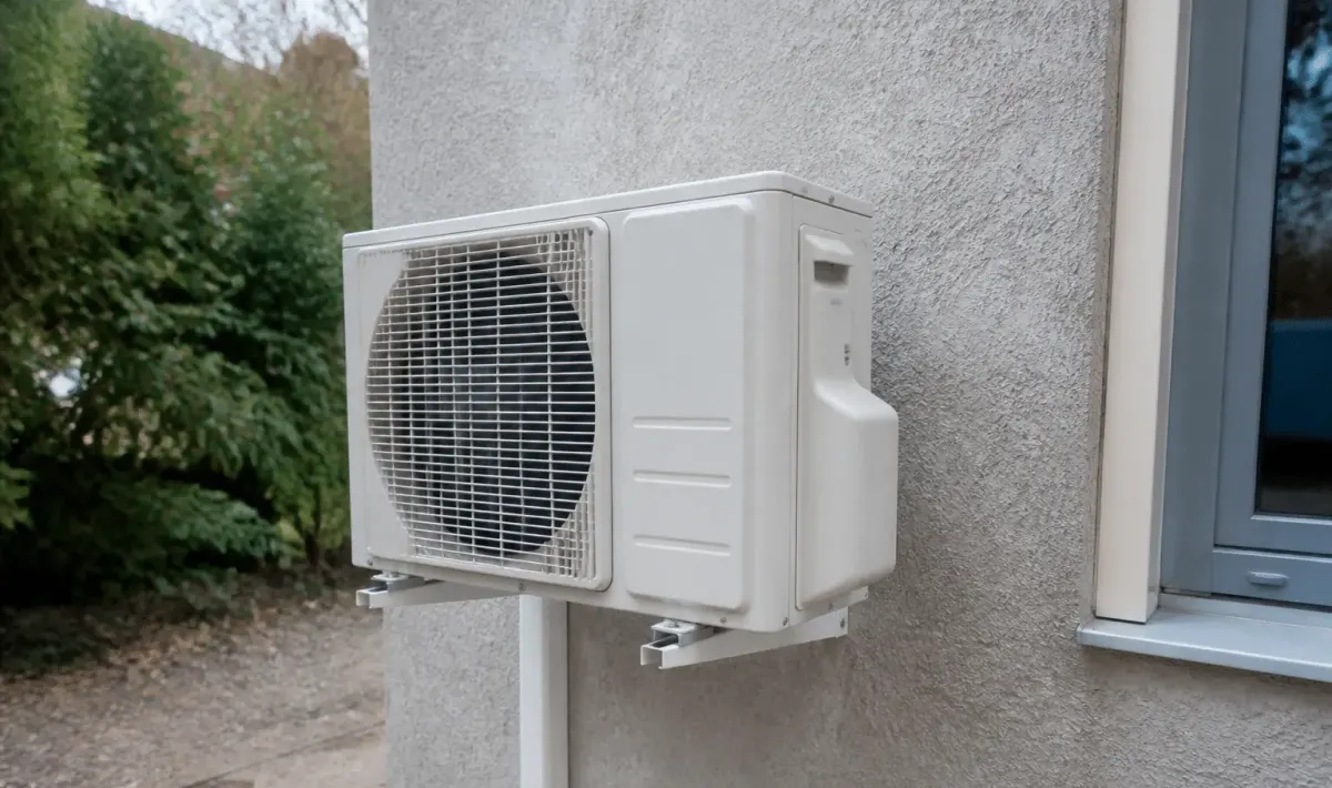 Unite exterieure pompe chaleur fixee au mur fonctionnant