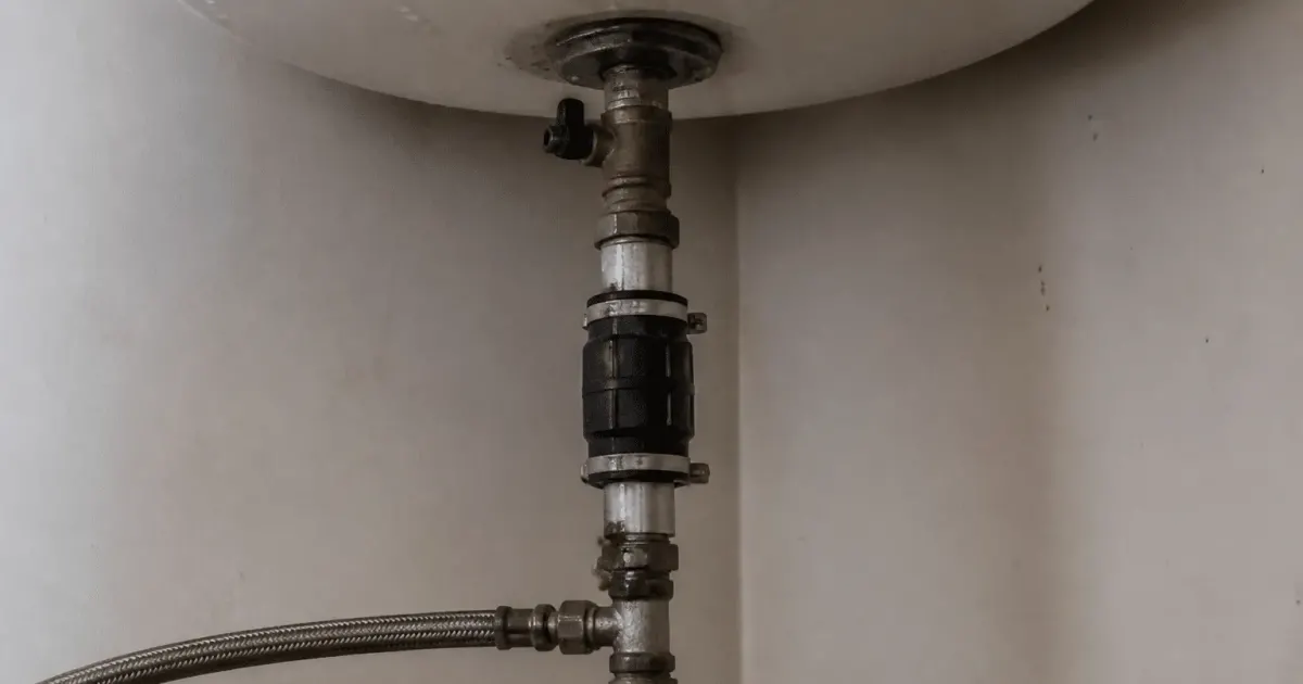 Pompe metallique installee verticalement sous reservoir eau chaude