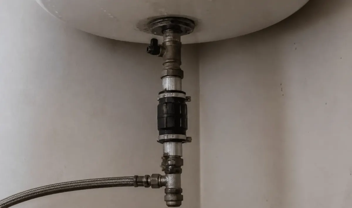 Pompe metallique installee verticalement sous reservoir eau chaude