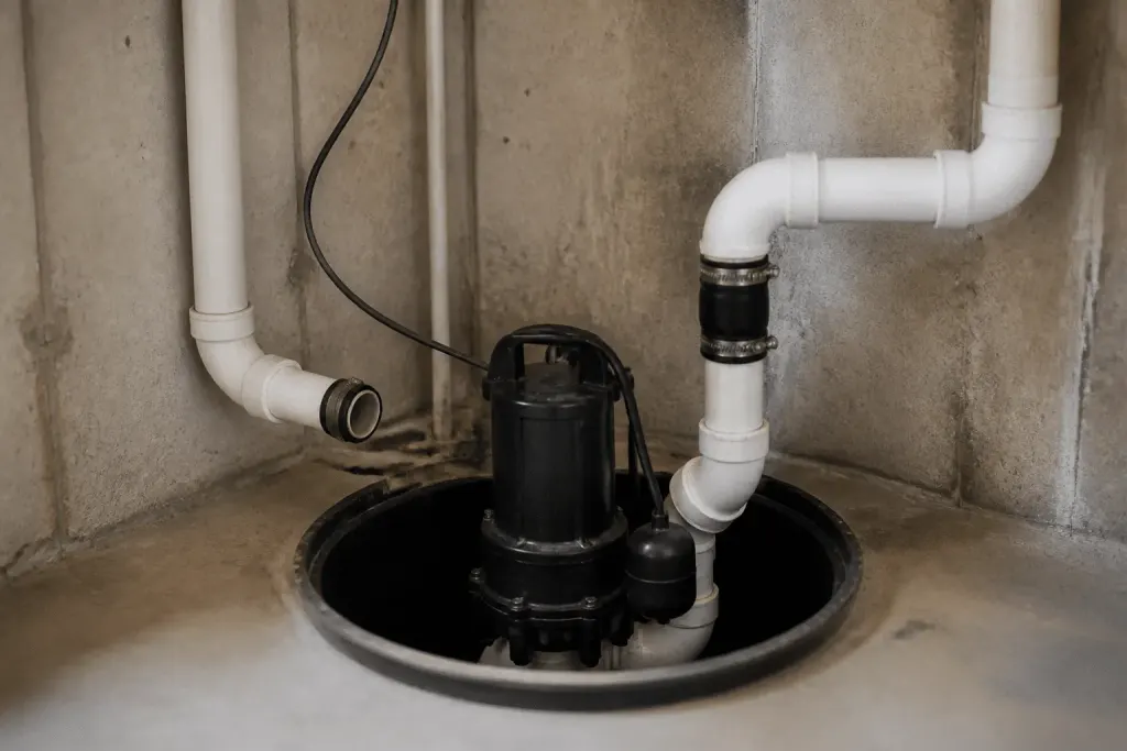 Pompe de relevage installée avec tuyauteries et raccordements visibles