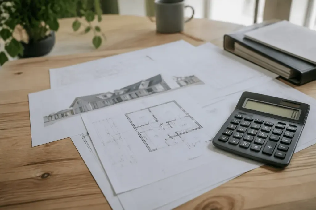 Plans de maison avec devis de construction et calculatrice sur bureau
