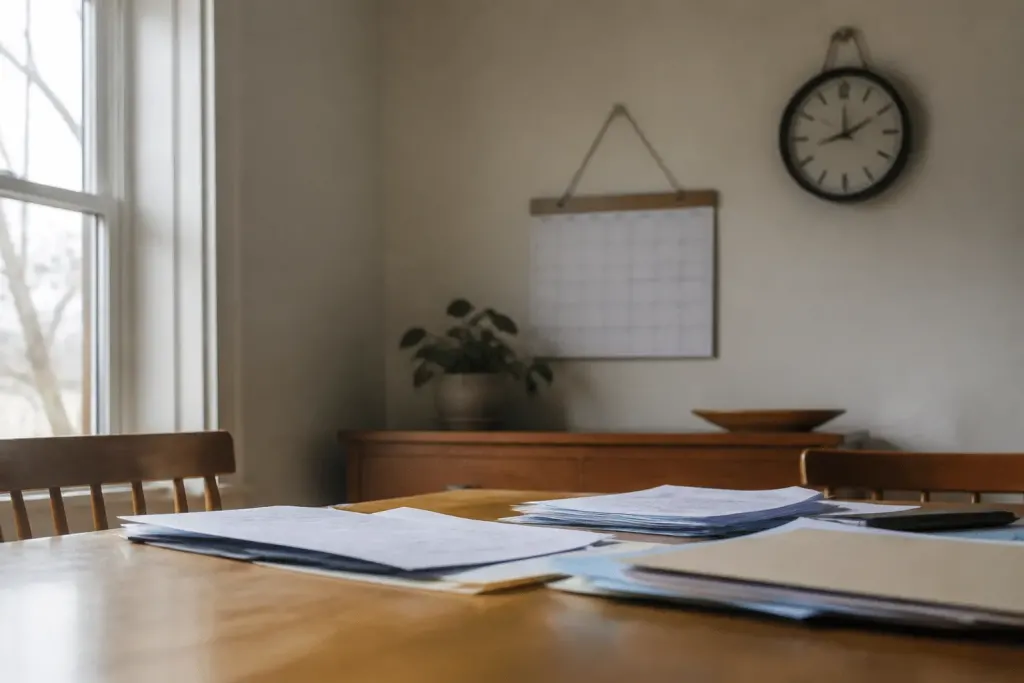 Documents administratifs avec calendrier et horloge suspendue