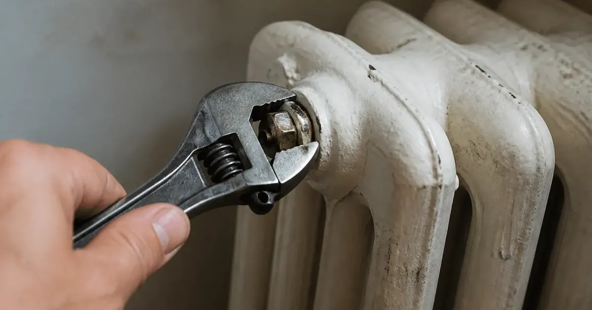 Clé à molette tournant le bouchon de purge radiateur fonte