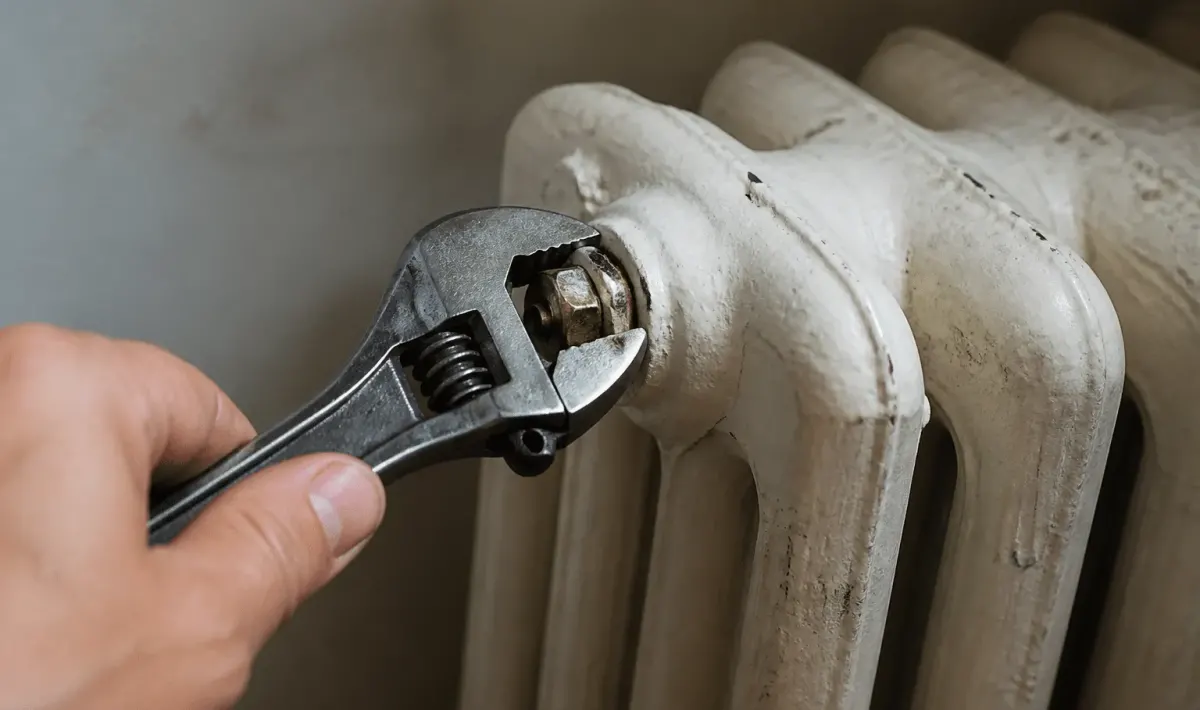 Clé à molette tournant le bouchon de purge radiateur fonte