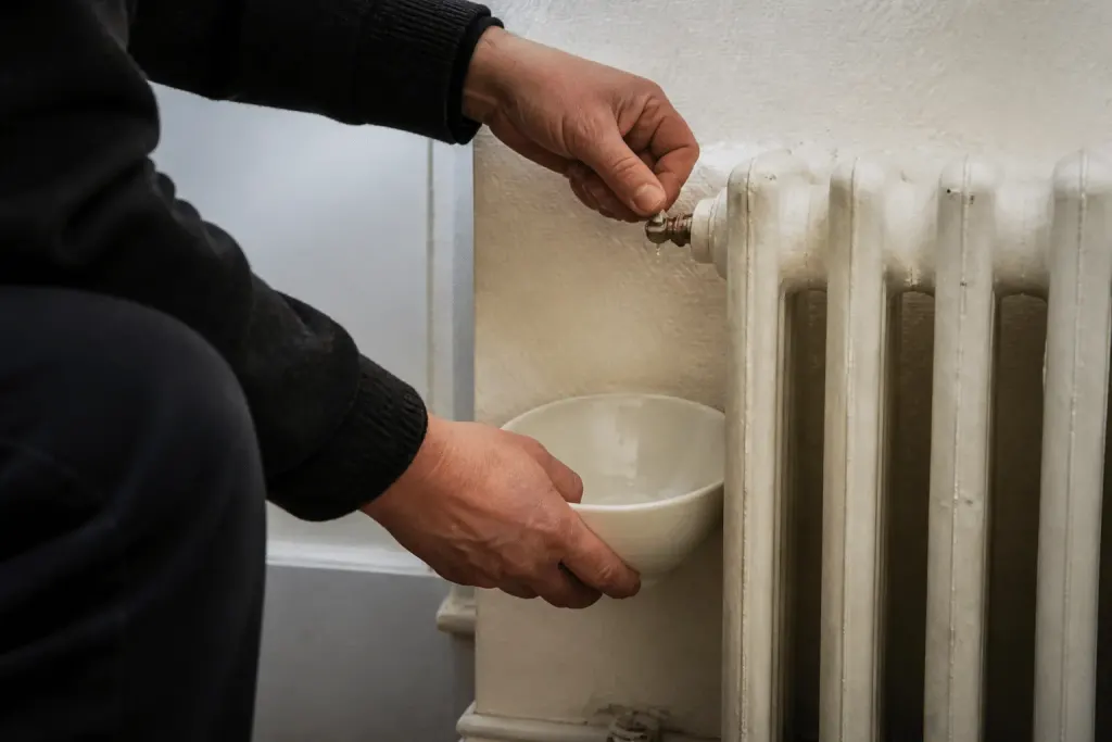 Main ouvrant robinet purge radiateur fonte avec recipient