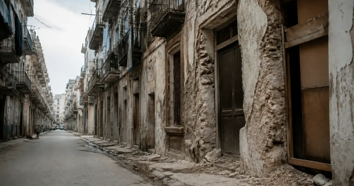Rue urbaine delabree avec immeubles deteriores et facades endommagees