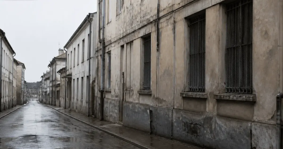 Rues desertes avec immeubles degrades et facades ternies