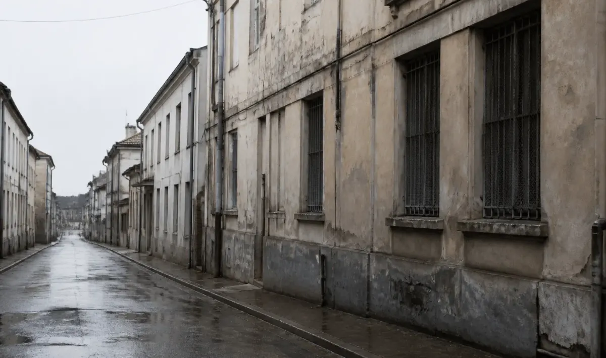 Rues desertes avec immeubles degrades et facades ternies